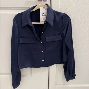 Zara Blue Long Sleeve Notched Collar Crop Blouse